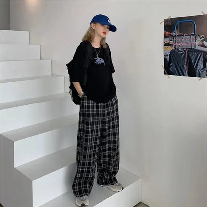 jiaabc Black and Pink Plaid Pants Oversize Women Pants High Waist Loose Wide Leg Trousers Ins Retro Teens Straight Trousers Streetwear