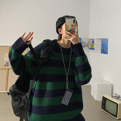 jiaabc Striped Men Sweaters Autumn Men's Pullovers Harajuku Streetwear Tate Landon Sweater Green Striped Sweater Women