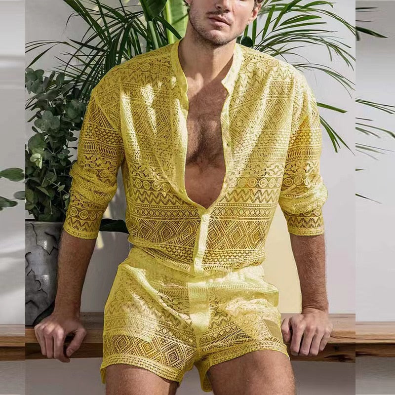 jiaabc New Summer Men Two Piece Suits Sexy See Through Lace Outfits Beach Fashion Plain Pattern Print Long Sleeved Tops And Shorts Set