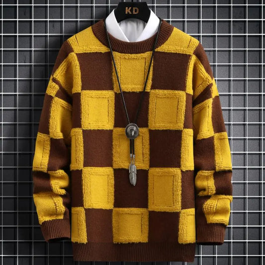 jiaabc New Fall Winter Korean Style Mens Pullovers Sweaters High Quality Thick Warm Cashmere Sweater Men Luxury Plaid Pull Homme