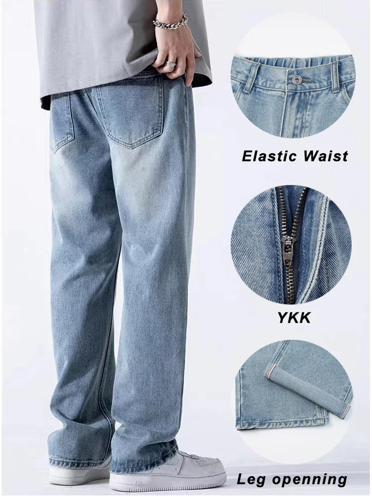 jiaabc Spring Autumn Men's Jeans Straight Denim Pants Banding Waist Cotton Streetwear Wide Leg Loose Casual Blue Long Jeans Trousers