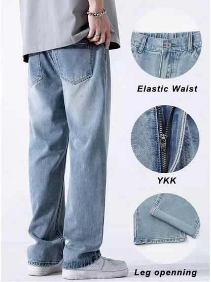 jiaabc Spring Autumn Men's Jeans Straight Denim Pants Banding Waist Cotton Streetwear Wide Leg Loose Casual Blue Long Jeans Trousers