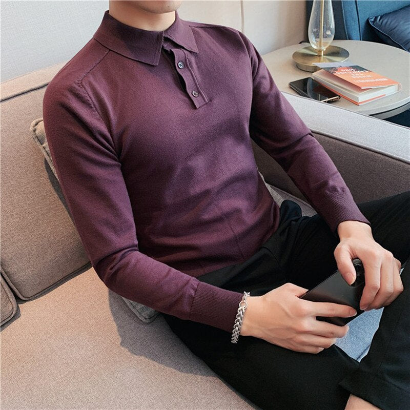 jiaabc Autumn Winter Slim Long Sleeved Polo Shirt Men's Solid Color Lapel knitted Bottom Sweater Business Simple Casual Polo Shirt Top