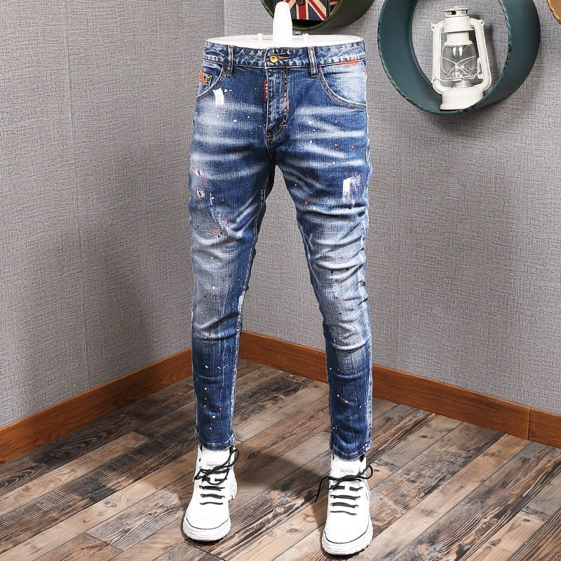 jiaabc Fashion Streetwear Men Jeans Retro Black Blue Elastic Slim Fit Ripped Jeans Men Spliced Designer Embroidery Hip Hop Denim Pants