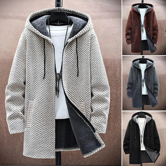 jiaabc Autumn Winter Men Hooded Sweater Thicken Long Sleeve Drawstring Plush Lining Mid-Length Knitting Jacket Male Coat Streetwear