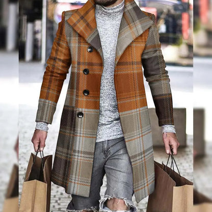 jiaabc Autumn Winter Men's Single Breasted Woolen Overcoat Plaid Print Male Long Thicken Windbreaker Fashion Causal Coat Outerwear Men