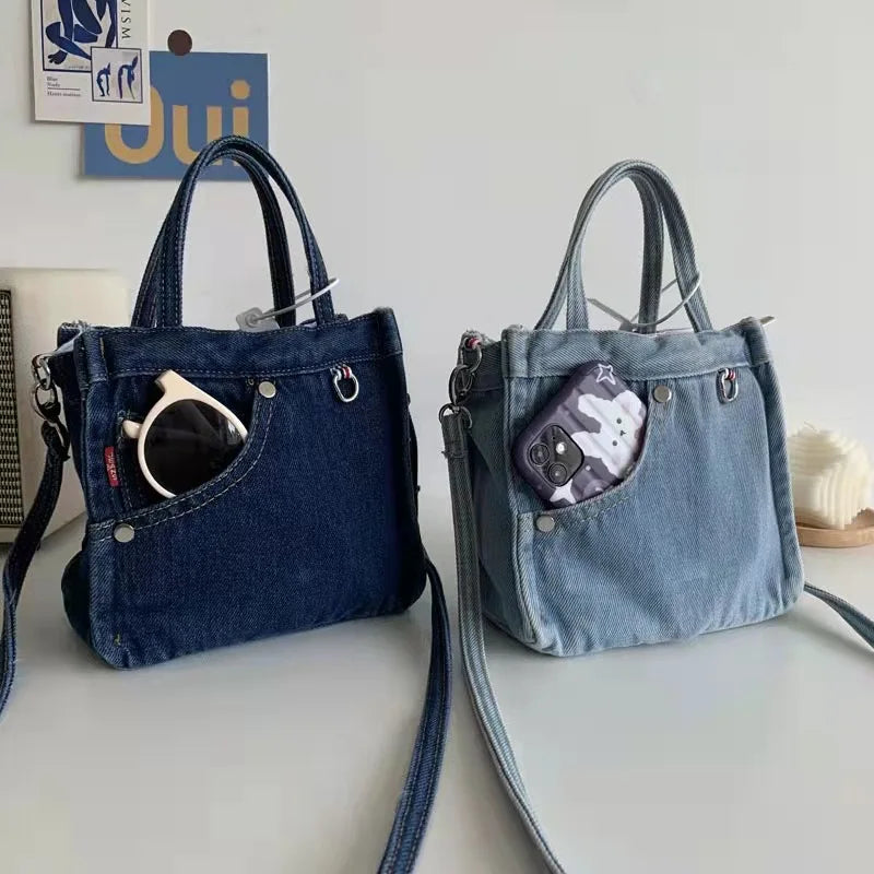 Denim Jeans Bags Cool Girl Totes  Fashion Trend High Street Hardware Tote In Denim Women's Shoulder Bag