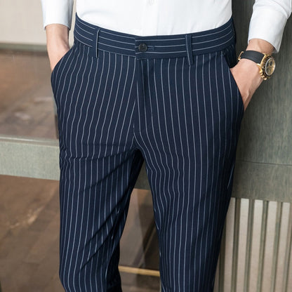 jiaabc Spring Summer New Fashion Striped Casual Pants Men's Casual Simple Ankle Length Formal Slim Suit Pants Business Office Trousers