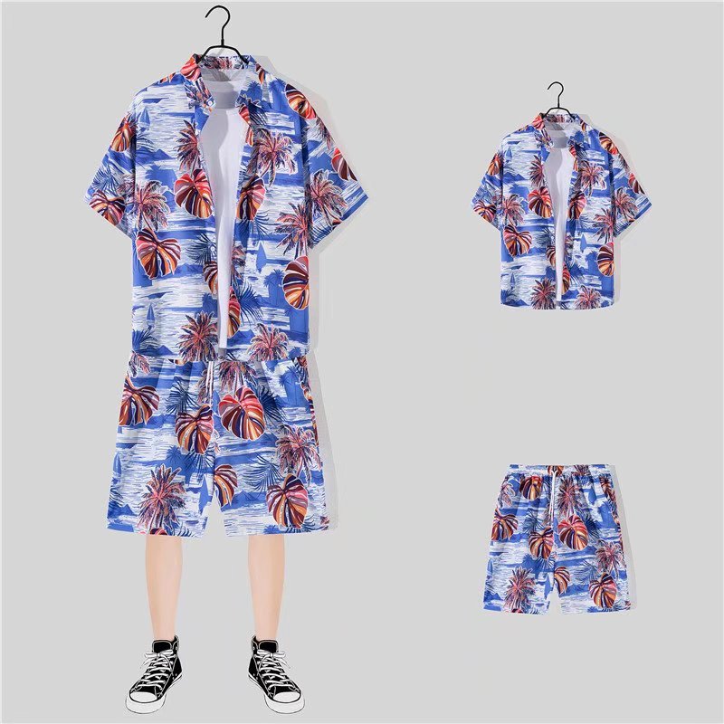 jiaabc 2 Piece Sets Men Beach Fashion M-3XL Baggy Handsome Print Shirts Shorts Hawaiian Holiday Unisex Thin Summer Vintage Clothing Ins