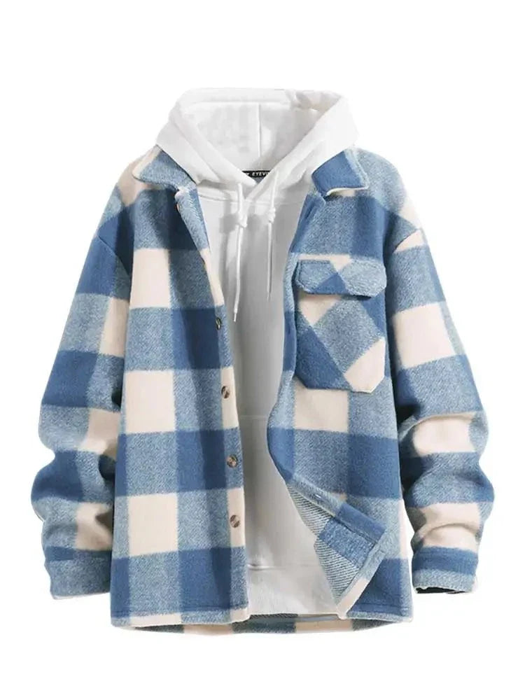 jiaabc Checked Plaid Colorblock Jacket Woolen Turn Down Collar Coat Winter Unisex Streetwear Warm Outerwear with Pocket