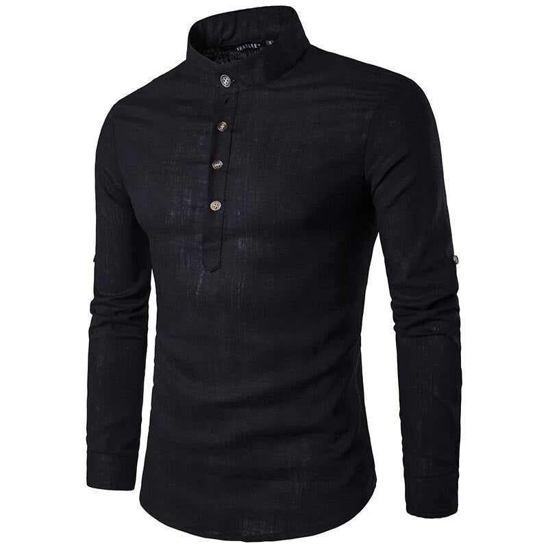 2023 Mens Linen Shirts Casual Long Sleeve Button Solid Loose Autumn Dress Henley Shirts Fashion Male Brand Clothes