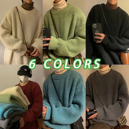 jiaabc Men's Waffle Sweaters Round Neck Solid Color Korean Style Male Knitted Pullovers Loose Casual Winter Knitwear