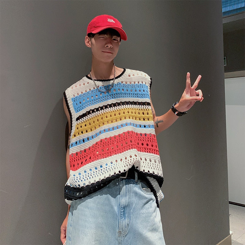 jiaabc Hollow Out Sweater Vest Men Fashion Retro O-neck Knitted Pullover Men Streetwear Loose Sleeveless Sweater Mens Jumper Clothes