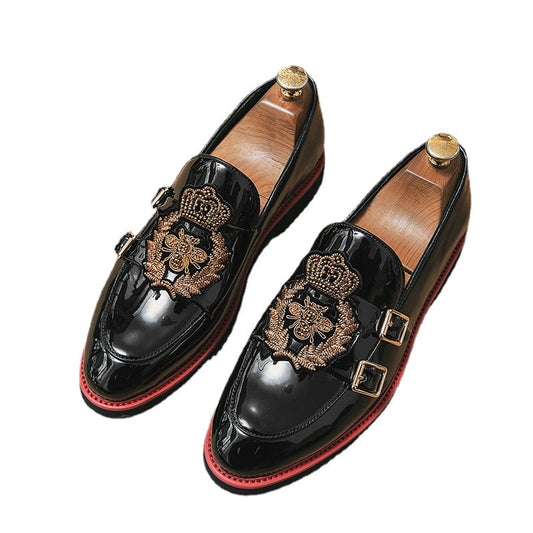 jiaabc Loafers Men PU Shallow Embroidery Applique Belt Buckle Decoration Slip-On Casual Shoes Low Heel Comfortable Classic Men Shoes