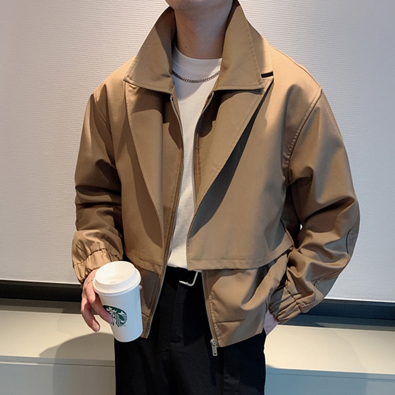 jiaabc Autumn Fake Two Piece Casual Jacket Men Korean Fashion  Solid Color Zipper Male Short Coat High Street New 9A6484