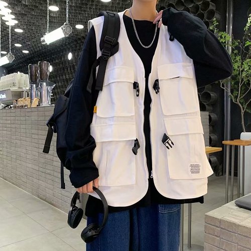 jiaabc Vests Coat Men Hip Hop High Street Japanese Fashion Tooling Multi Pockets Design Handsome Stylish All-match Teens Clothes Summer