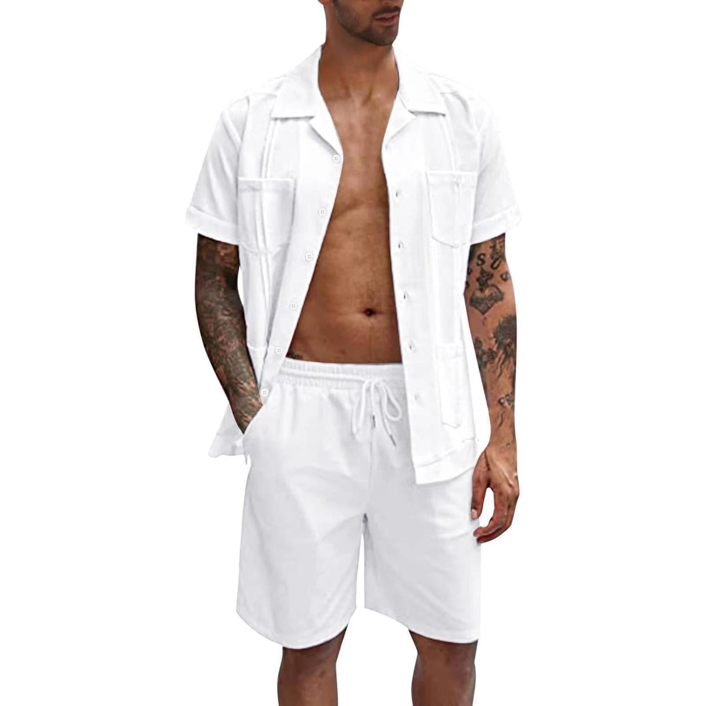 jiaabc Men's Summer Casual Loose Two Piece Sets Beach Solid Workwear Pocket Linen Man Suit Short Sleeve Button Shirt And Shorts Outfits