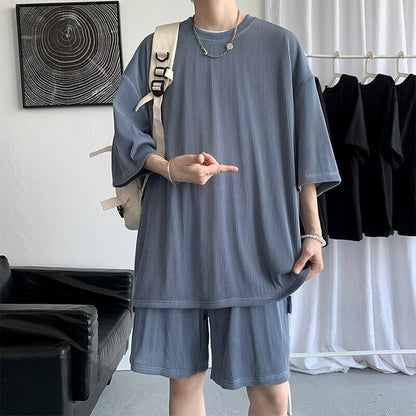 jiaabc Summer  Ice Silk Men's Solid Short Sleeve T-shirt Sets Stretch Men's Korean Shorts Two Piece Clothing Male Suit