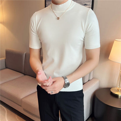 jiaabc Autumn High Quality Short Sleeve Knitted T Shirts  Men Slim Solid Pullovers Half Turtleneck Casual Stretched Tee Shirt Homme