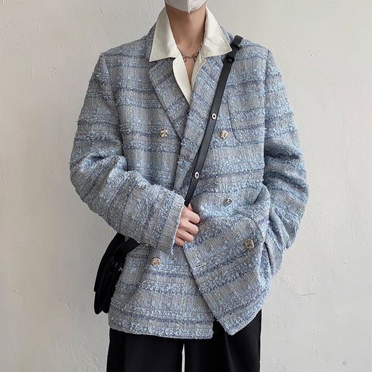 jiaabc Double Breasted Men's Coat Loose Thickened Tweed Suit  Spring Autumn Casual Korean Fashion Male Blazer 9A6778