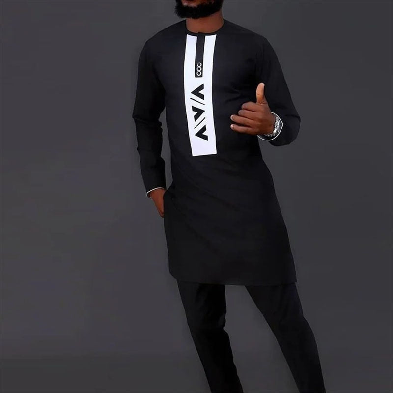 jiaabc jiaabc Dashiki Men Clothes Set 2 piece Outfit Various Black Set Long-sleeved Fashion Casual Top Trousers Suit African Men Clothing