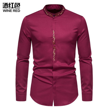 jiaabc Men Spring Autumn Shirt Social Henley Dress Shirt Fashion Long Sleeve Formal Embroidery Tops Clothing Casual camisa masculina