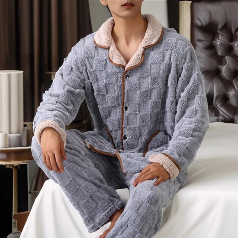 jiaabc Men Warm Flannel Autumn Winter Pajamas Turn-down Collar Long-sleeved Trousers Two-piece Set Loose Comfortable Sleepwear Suit