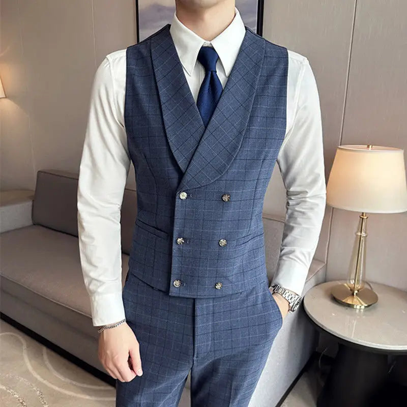 jiaabc Double breasted gray plaid vest men's suit set with striped vest business suit