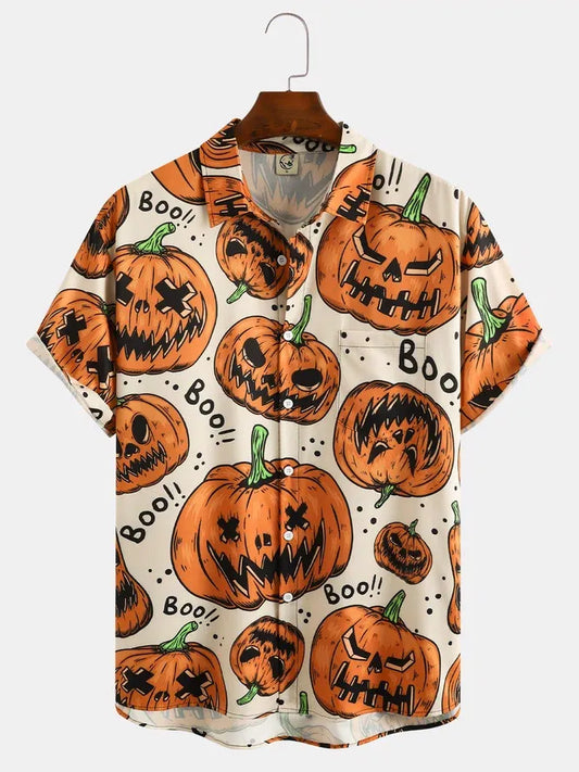 jiaabc Men's Halloween Pumpkin Graphic Print Short Sleeve Shirt Retro Funny Pumpkin Element Pattern Party Wear