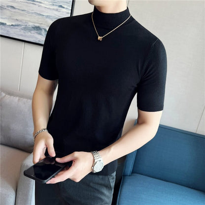 jiaabc Autumn High Quality Short Sleeve Knitted T Shirts  Men Slim Solid Pullovers Half Turtleneck Casual Stretched Tee Shirt Homme