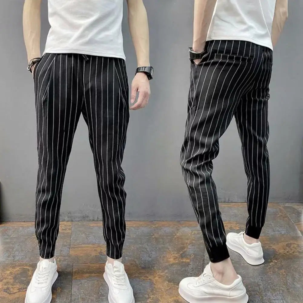 jiaabc Men Harem Pants Striped Drawstring Elastic Waist Slim Fit Streetwear Spring Autumn Stretch Ankle Tied Pencil Pants for Daily