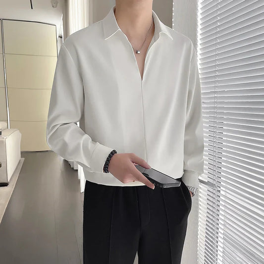 jiaabc 2024 New Men's Top Lightly Mature Spring New Pullover Long Sleeve Shirt Casual  Anti-Wrinkle White Business Luxury Genuine Goods