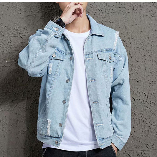 Men's Ripped Denim Jacket Tight Retro Distressed Water Wash Classic Pocket Design Coat Spring Autumn