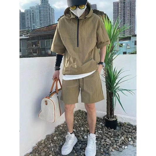 jiaabc 2Pcs Men Summer Tracksuit Shorts Set Hooded T Shirt Zipped + Matching Shorts Solid Cargo Large Size Casual Suit 4XL Male Clothes