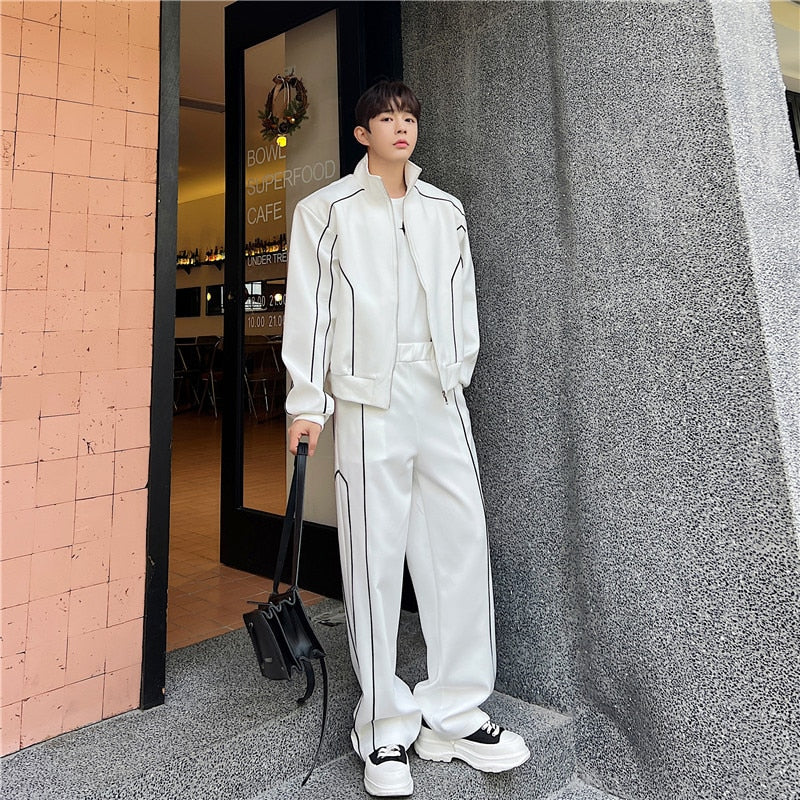 jiaabc New Trend Men's Sport Sets Stand Collar Sweatshirt Straight Loose Pants Fashion Male Cording Design Casual Suits 9A7316