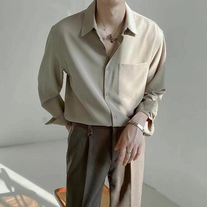 jiaabc Spring New Senior Long Sleeve Button Down Shirts for Men Korean Fashion Loose Drape Solid Color All-match Men's Shirt Blouse