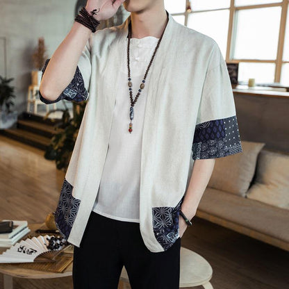 jiaabc  Summer Men's Kimono Jackets Cardigan Mens Lightweight Casual Cotton Blends Linen Seven Sleeves Open Front Coat Outwear