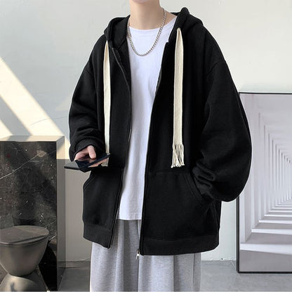 jiaabc Spring Autumn Winter Fashion Solid Casual Cardigan Jacket Men's Loose Cool Boys Soft Solid Zipper Hoodie Drawstring Student Coat