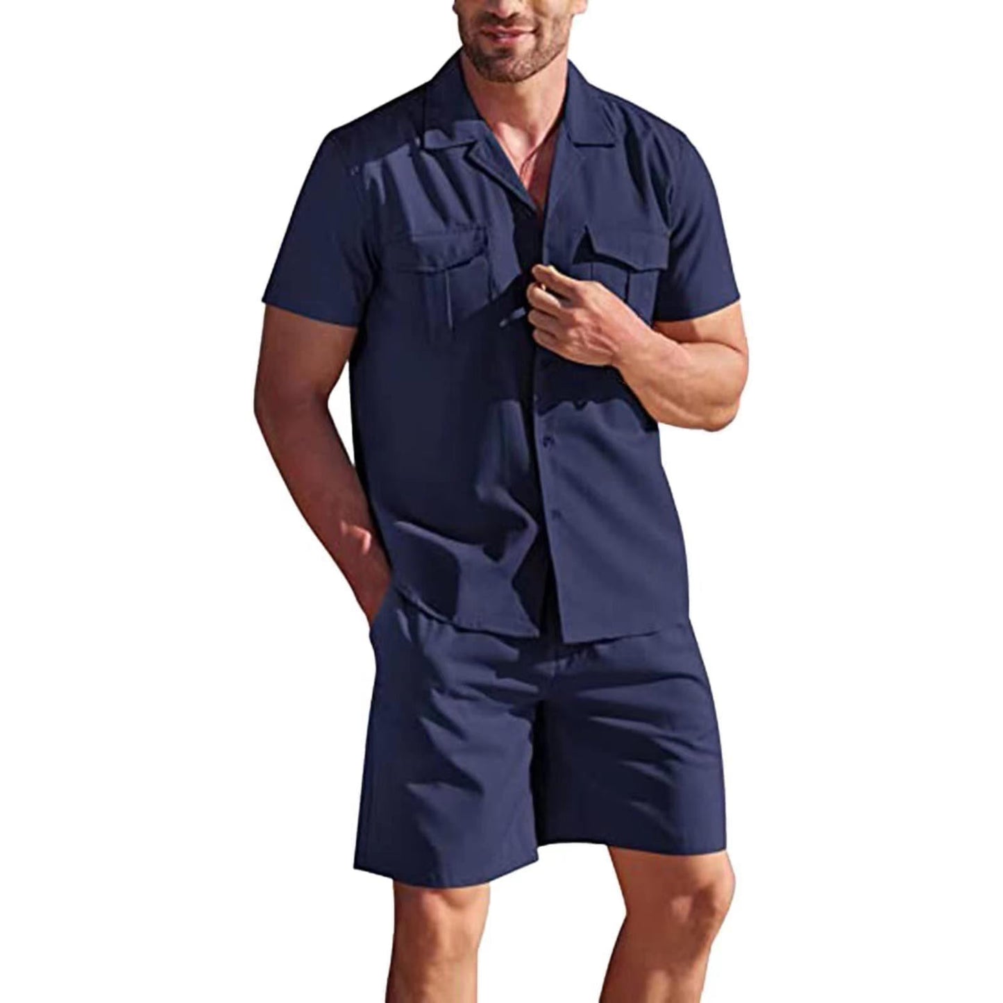 jiaabc Men's Summer Casual Loose Two Piece Sets Beach Solid Workwear Pocket Linen Man Suit Short Sleeve Button Shirt And Shorts Outfits