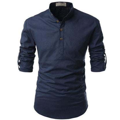 2023 Mens Linen Shirts Casual Long Sleeve Button Solid Loose Autumn Dress Henley Shirts Fashion Male Brand Clothes