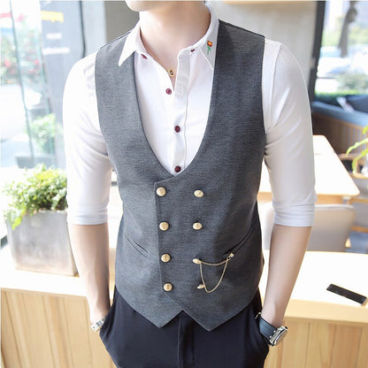 jiaabc Men's Double Breasted Vest Spring New Slim Sleeveless Formal Suit Vest Gray Black Fashion Men's Business Casual Suit Vest