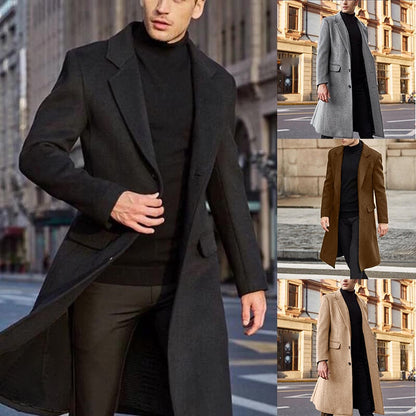 jiaabc Winter Warm Formal Wool Coat For Men Long Jacket Overcoat Fashion Trench Cardigan Solid Color Fashion Label Collar Outwear Male