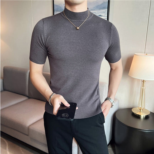 jiaabc Autumn High Quality Short Sleeve Knitted T Shirts  Men Slim Solid Pullovers Half Turtleneck Casual Stretched Tee Shirt Homme