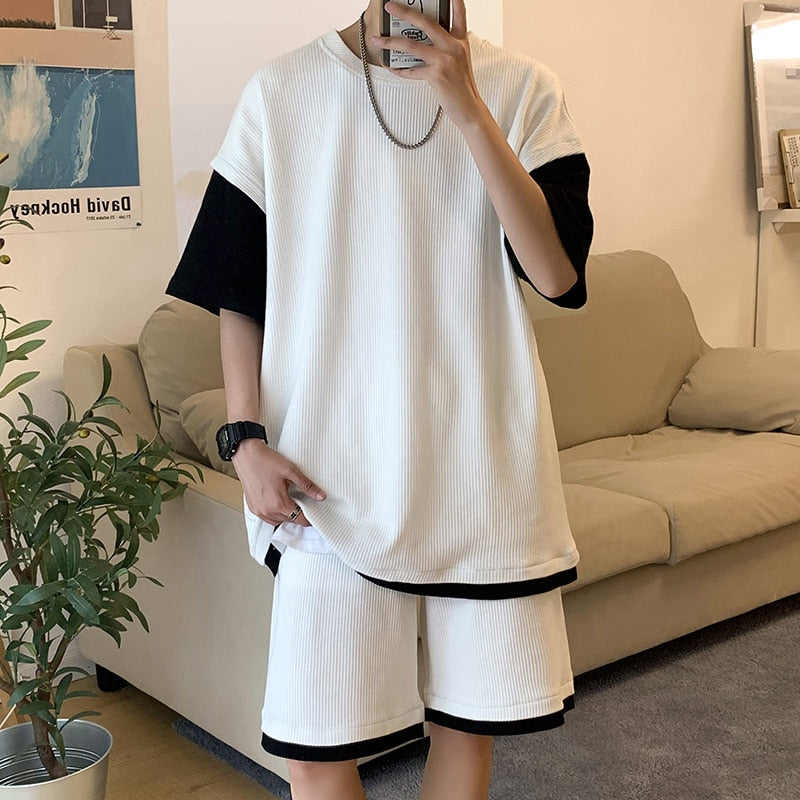 jiaabc Summer Fashion Patchwork Color Fake-2Pieces Sport Men's Sets Simple Loose Casual Tee Shirt+Shorts Homme 5XL-M White/Black/Gray