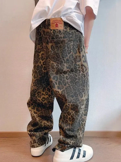 jiaabc Tan Leopard Jeans Men Denim Pants Male Oversize Wide Leg Trousers Streetwear Hip Hop Vintage Clothes Loose Casual