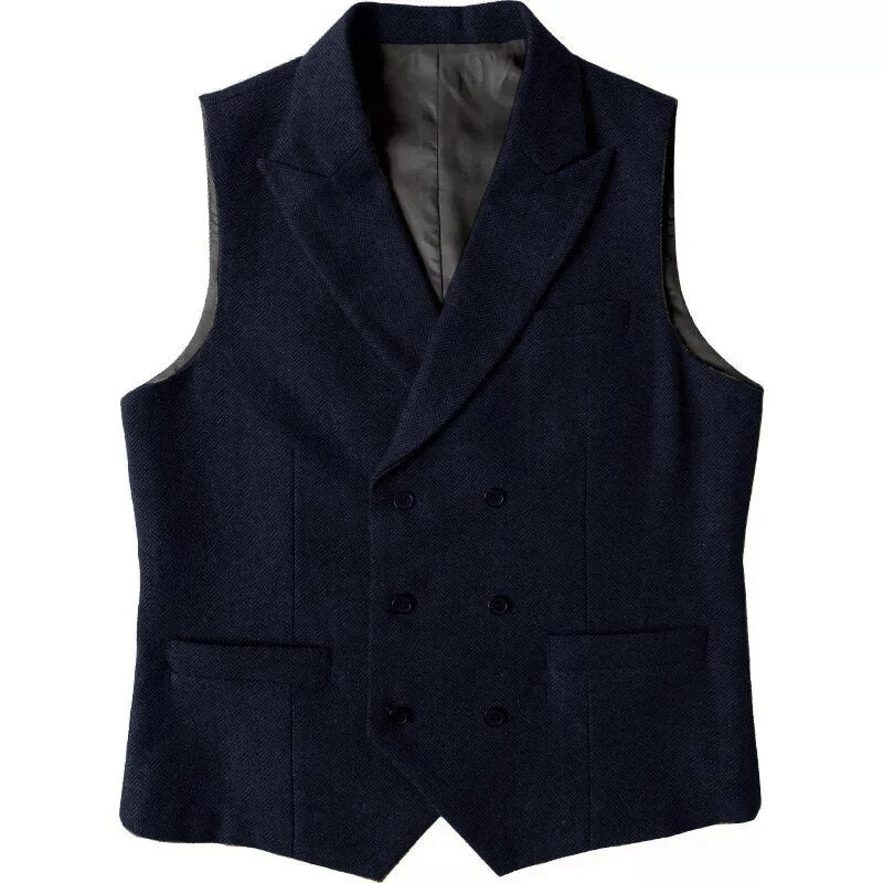 Green Men's Vest Double Breasted Herringbone Winter Wool Tweed Waistcoat Slim Fit Casual Suit Vest Gentleman Wedding Clothes