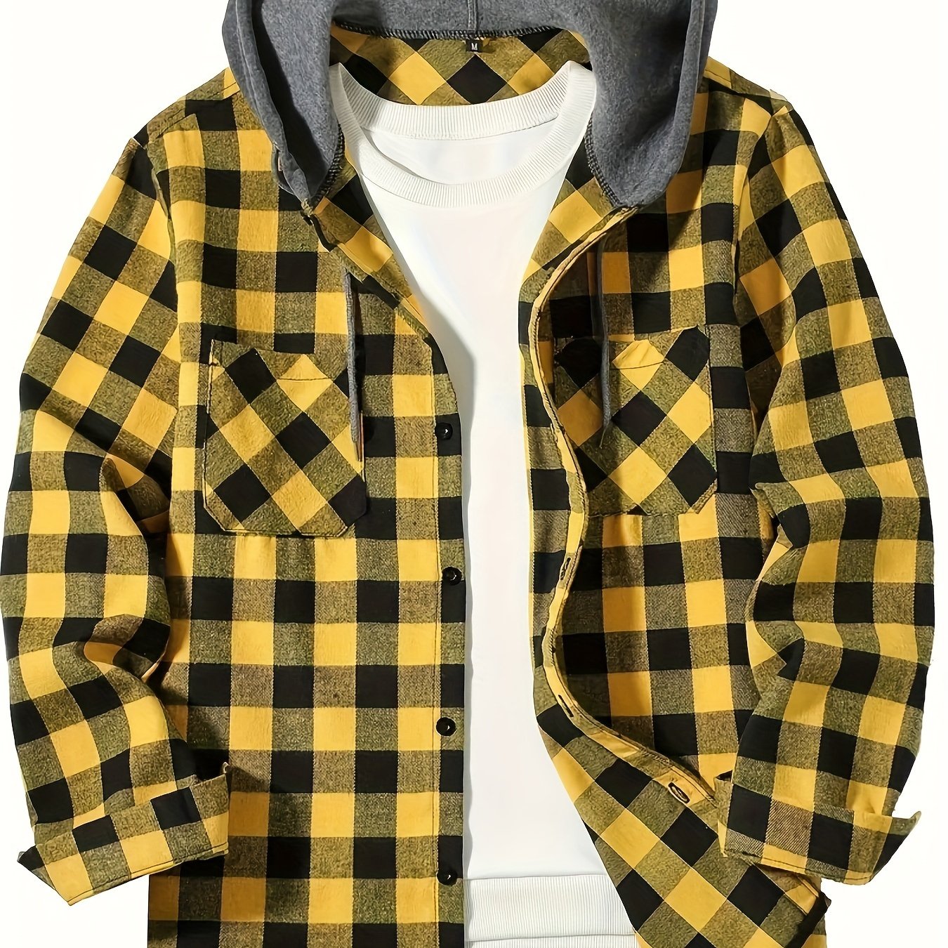 Men's Casual Hooded Plaid Shirt, Long Sleeve Button Up Clothing, Fashion Outerwear