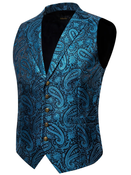 jiaabc Elegant Paisley Pattern Dress Waistcoat, Men's Retro Single Breasted V Neck Smart Suit Vest For Dinner Wedding Banquet