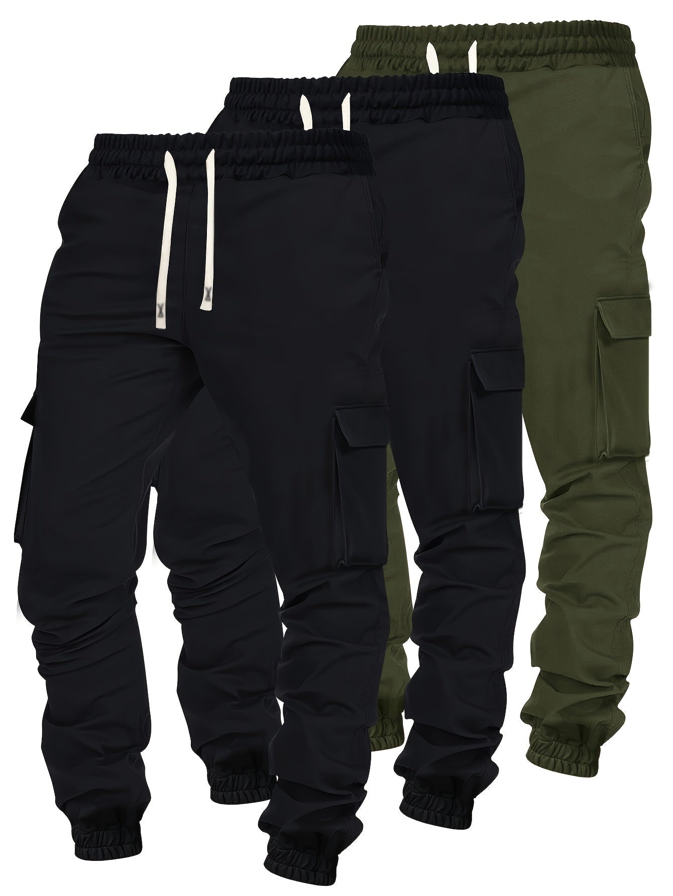 jiaabc 3Pcs Men's Cargo Pants Set with Multiple Pockets - Comfortable Loose-Fit Trousers for Work & Outdoor Leisure, Urban Streetwear with Hip Hop Influence