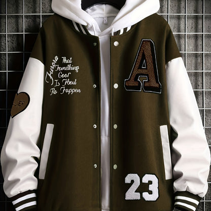 jiaabc Alphabets Print Color Block Varsity Jackets, Men's Casual Baseball Collar Jacket Coat For Spring Fall